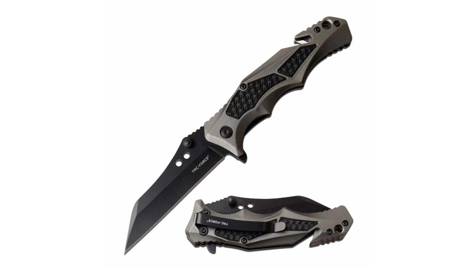 TAC Force TF-978GY Spring Assisted Knife, 3.25in, 3CR13 Stainless Steel, Reversed Tanto, Black Blade, Aluminum Handle, Gray, TF-978GY