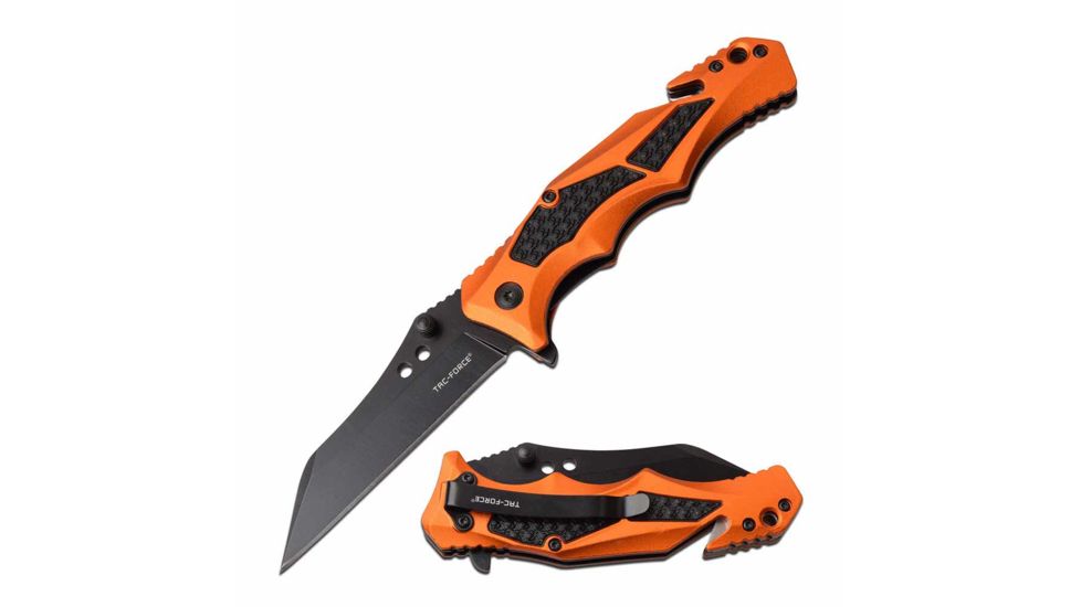 TAC Force TF-978OR Spring AssistedKnife, 3.25in, 3CR13 Stainless Steel, Reversed Tanto, Black Blade, Aluminum Handle, Orange, TF-978OR