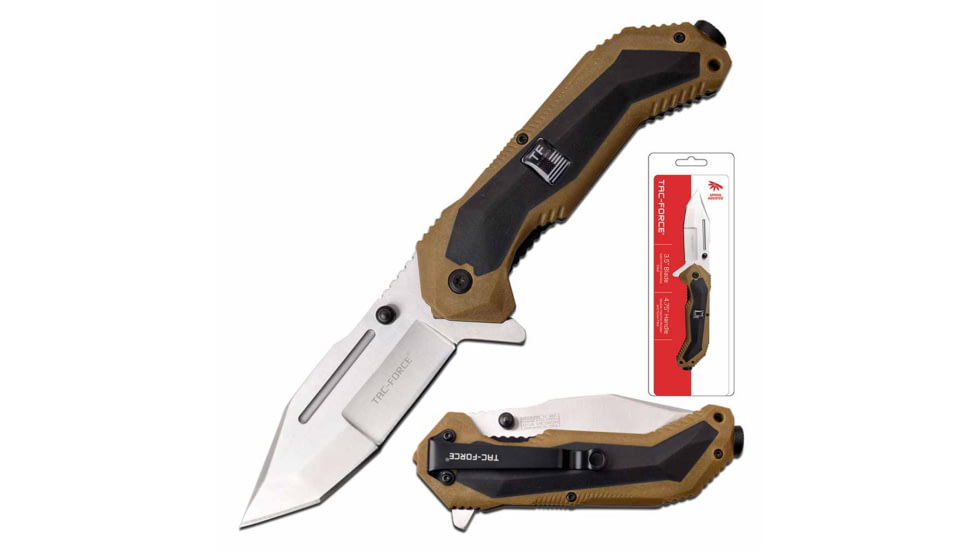 TAC Force TF-980TNCS Spring Assisted Knife, 3.5in, 3CR13 Stainless Steel, Modified Tanto, Steel Blade, Nylon Fiber/Rubber Handle, Tan, TF-980TNCS
