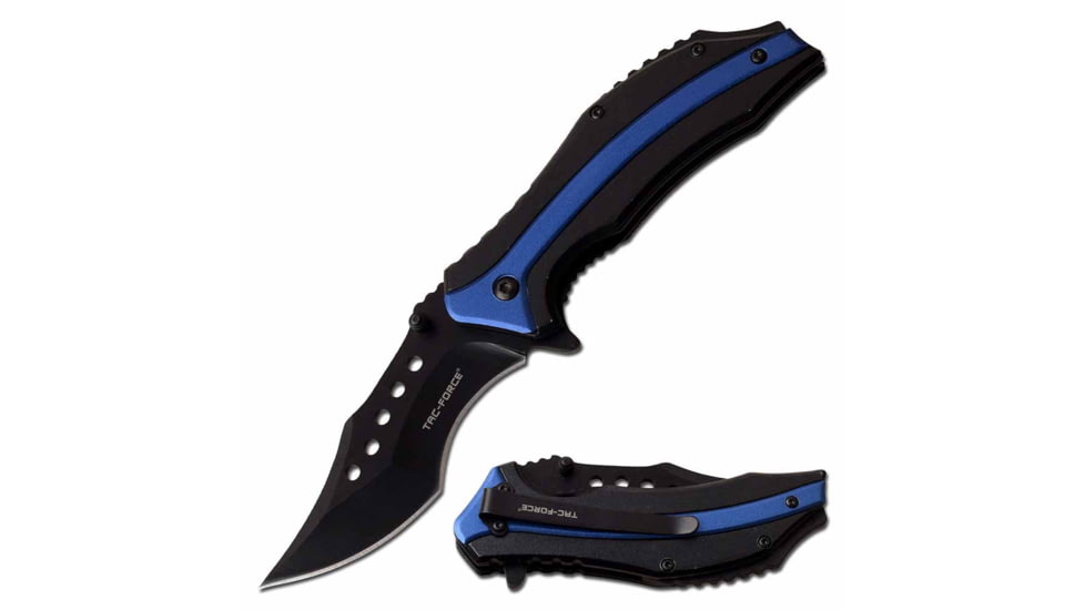 TAC Force TF-989BL Spring Assisted Knife, 3.5in, 3CR13 Stainless Steel, Recurved, Black Blade, Aluminum Handle, Black/Blue, TF-989BL