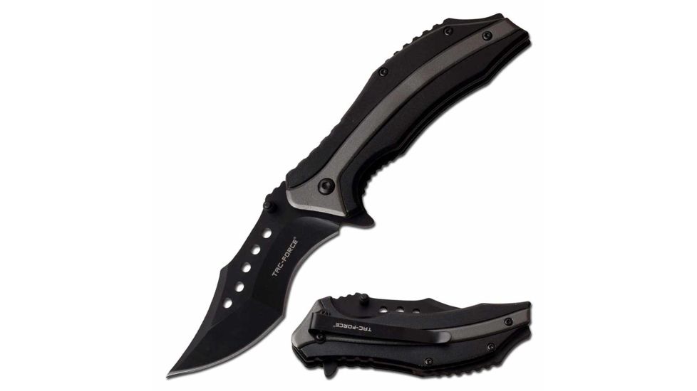 TAC Force TF-989Gy Spring Assisted Knife, 3.5in, 3CR13 Stainless Steel, Recurved, Black Blade, Aluminum Handle, Black/Gray, TF-989GY