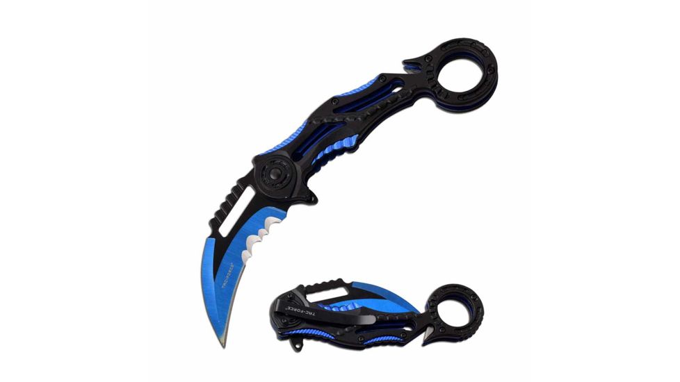 TAC Force TF-990BL Spring Assisted Knife, 3in, 3CR13 Stainless Steel, Karambit, Half-Serrated, Blue Blade, Aluminum Handle, Black/Blue, TF-990BL