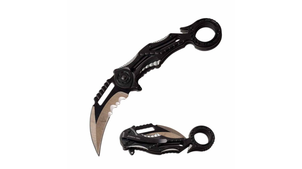TAC Force TF-990GY Spring Assisted Knife, 3in, 3CR13 Stainless Steel, Karambit, Half-Serrated, Gray Blade, Aluminum Handle, Black/Gray, TF-990GY