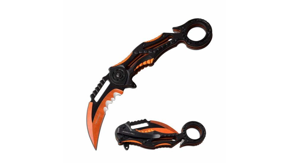 TAC Force TF-990OR Spring Assisted Knife, 3in, 3CR13 Stainless Steel, Karambit, Half-Serrated, Orange Blade, Aluminum Handle, Black/Orange, TF-990OR