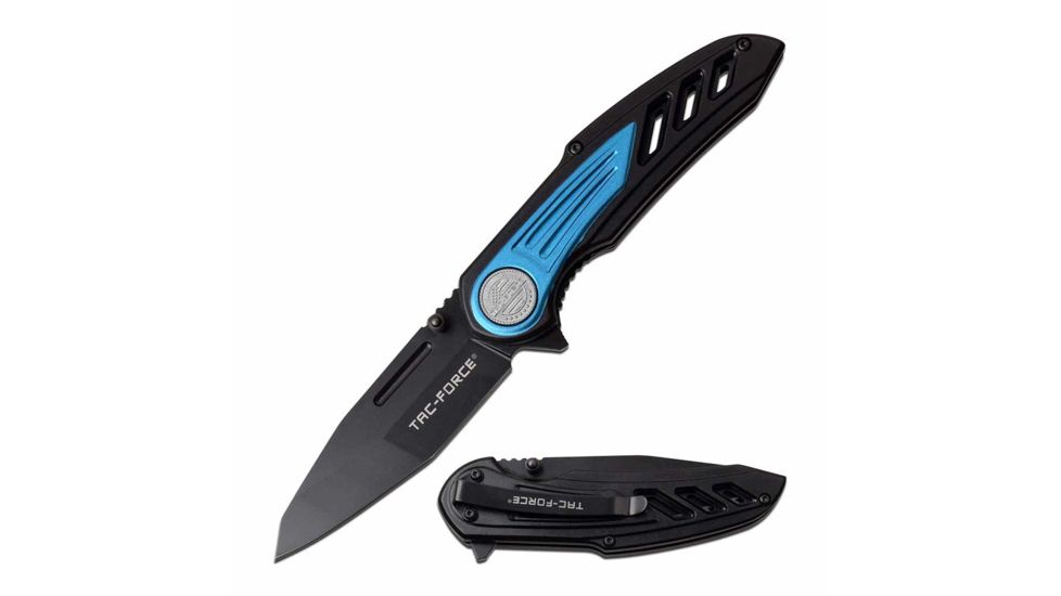 TAC Force TF-992BL Spring Assisted Knife, 3.25in, 3CR13 Stainless Steel, Tanto, Black Blade, Aluminum Handle, Black/Blue, TF-992BL