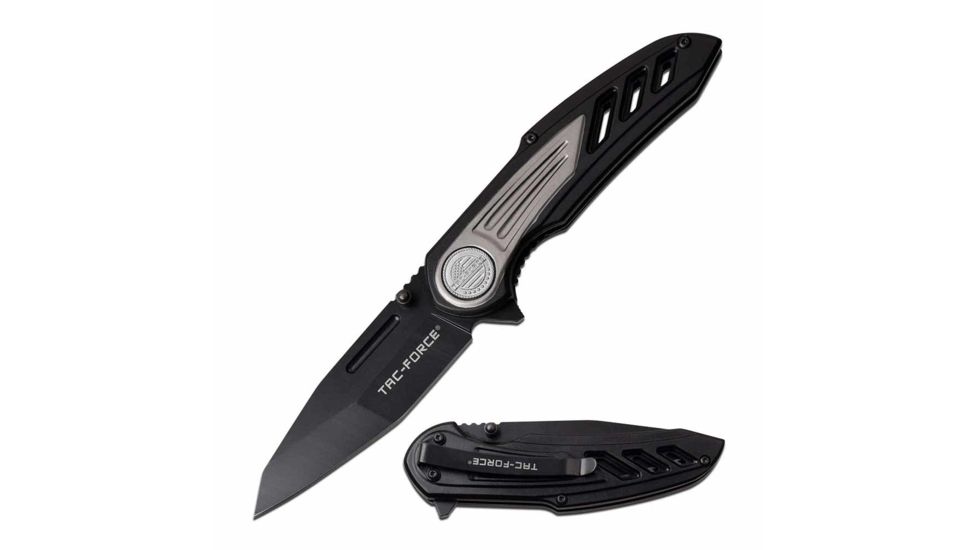 TAC Force TF-992GY Spring Assisted Knife, 3.25in, 3CR13 Stainless Steel, Tanto, Black Blade, Aluminum Handle, Black/Gray, TF-992GY