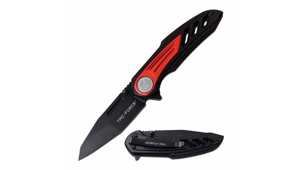 TAC Force TF-992RD Spring Assisted Knife, 3.25in, 3CR13 Stainless Steel, Tanto, Black Blade, Aluminum Handle, Black/Red, TF-992RD