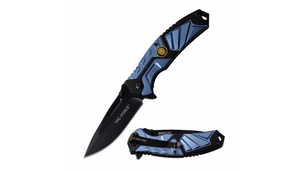TAC Force TF-995BL Spring Assisted Knife, 3.5in, 3CR13 Stainless Steel, Spear Point, Black Blade, Aluminum Handle, Blue/Black, TF-995BL