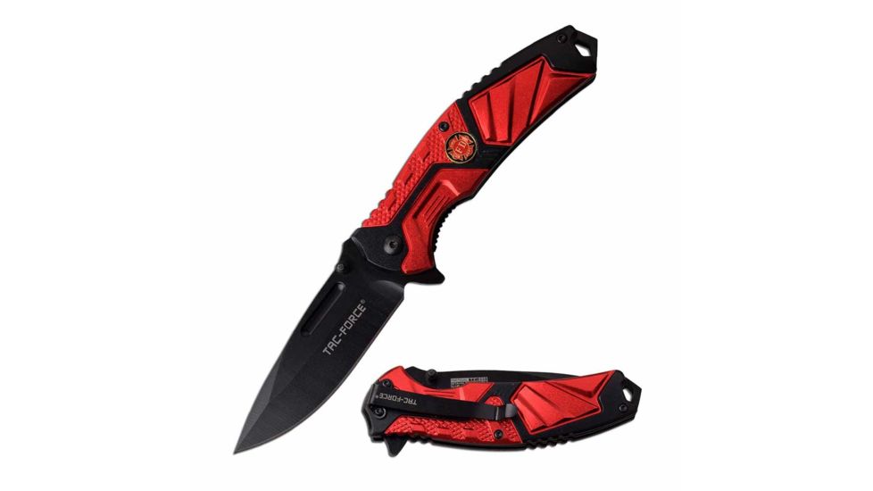 TAC Force TF-995RD Spring Assisted Knife, 3.5in, 3CR13 Stainless Steel, Spear Point, Black Blade, Aluminum Handle, Red/Black, TF-995RD