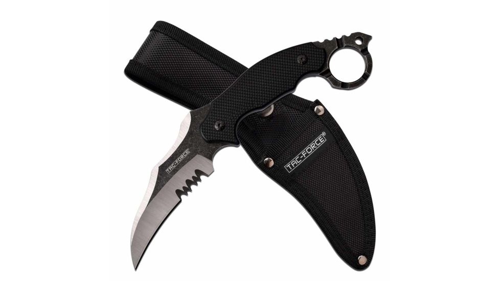 TAC Force TF-FIX002SW Fixed Blade Knife, 4in, 3CR13 Stainless Steel, Karambit, Half-Serrated, Stonewashed Blade, G10 Handle, Black, TF-FIX002SW