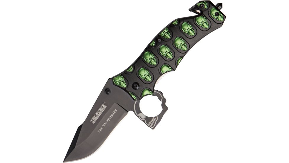 Tac Force The Vanquisher A/O Knife, A/O black SS blade, Black Alum. handles w/ neon green trim TF786GN