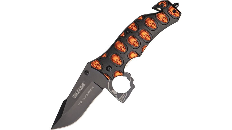 Tac Force The Vanquisher A/O Knife, A/O black SS blade, Black Alum. handles w/ orange trim TF786OR