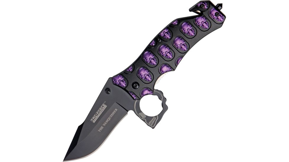 Tac Force The Vanquisher A/O Knife, A/O black SS blade, Black Alum. handles w/ purple trim TF786PE