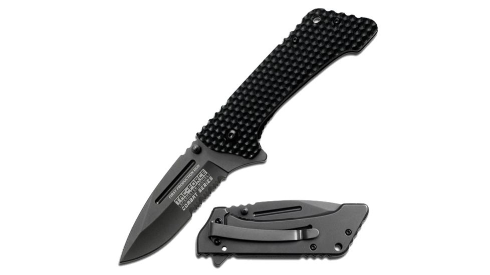 TAC Force Titanium Plated Half-Serrated Blade Knife, Black TF 682B