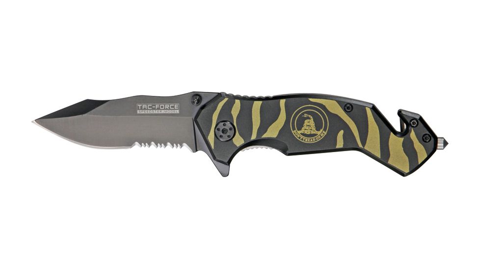 Tac Force Zebra Stripe Rescue Fold Knife, black HC SS A/O PS blade, Black and OD green zebra stripes on handle TF714BT