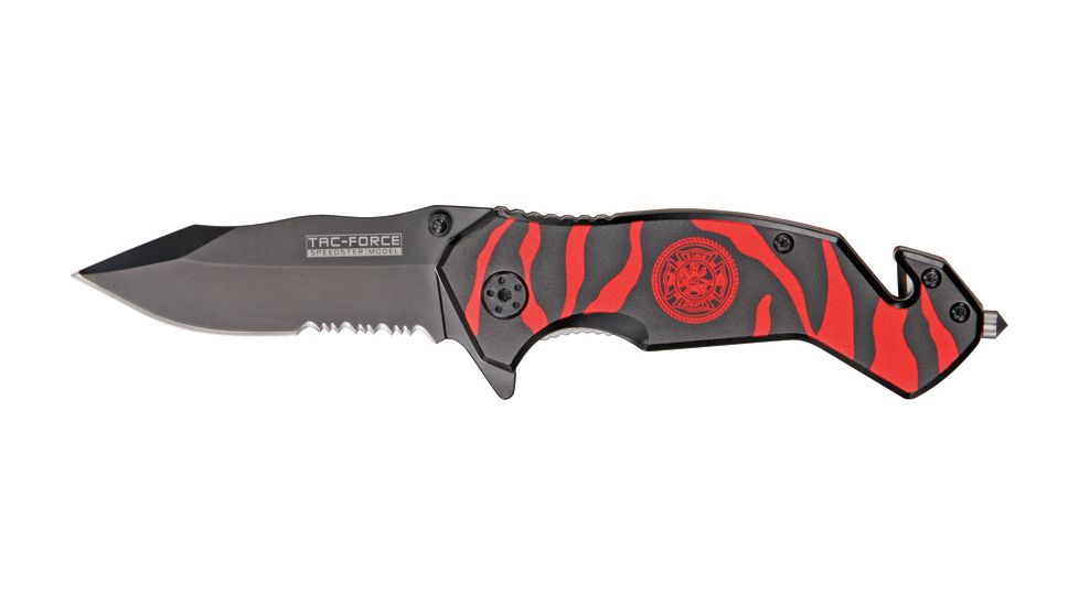 Tac Force Zebra Stripe Rescue Fold Knife, black HC SS A/O PS blade, Black and red zebra stripes on handle TF714BRD