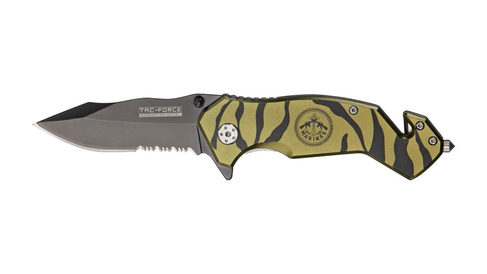 Tac Force Zebra Stripe Rescue Fold Knife, black HC SS A/O PS blade, OD green and black zebra stripes on handle TF714TB