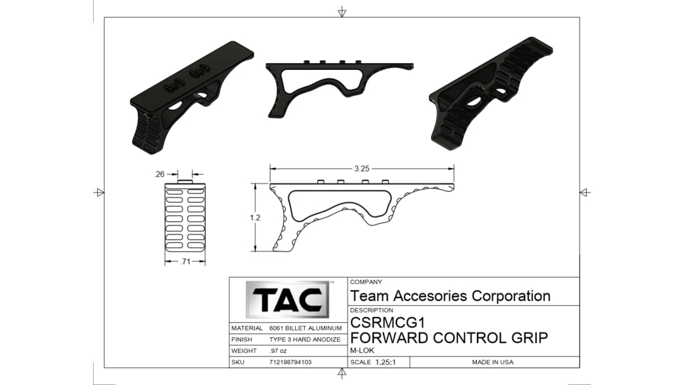 TAC Metal Forward Grip, M-LOK Mount, Hard Anodized, Black, CSRMCCG1