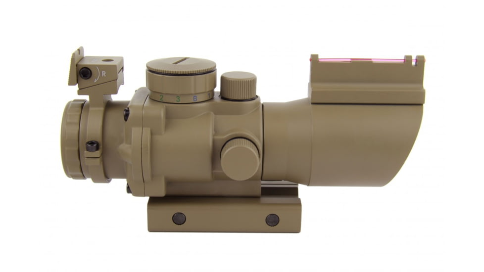 Tacfire 4X32 Prismatic Tri-Illumination Scope w/Fiber Optic Front Sight/BackUp Iron Sight/Chevron Reticle, Dark Earth Tan, SCDFO432T-C