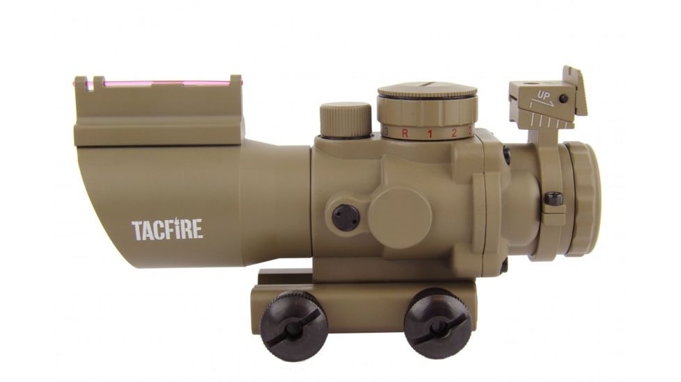Tacfire 4X32 Prismatic Tri-Illumination Scope w/Fiber Optic Front Sight/BackUp Iron Sight/Horseshoe Reticle, Dark Earth Tan, SCDFO432T-H