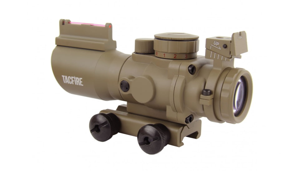 Tacfire 4X32 Prismatic Tri-Illumination Scope w/Fiber Optic Front Sight/BackUp Iron Sight/Rapid Ranging Reticle, Dark Earth Tan, SCDFO432T-R