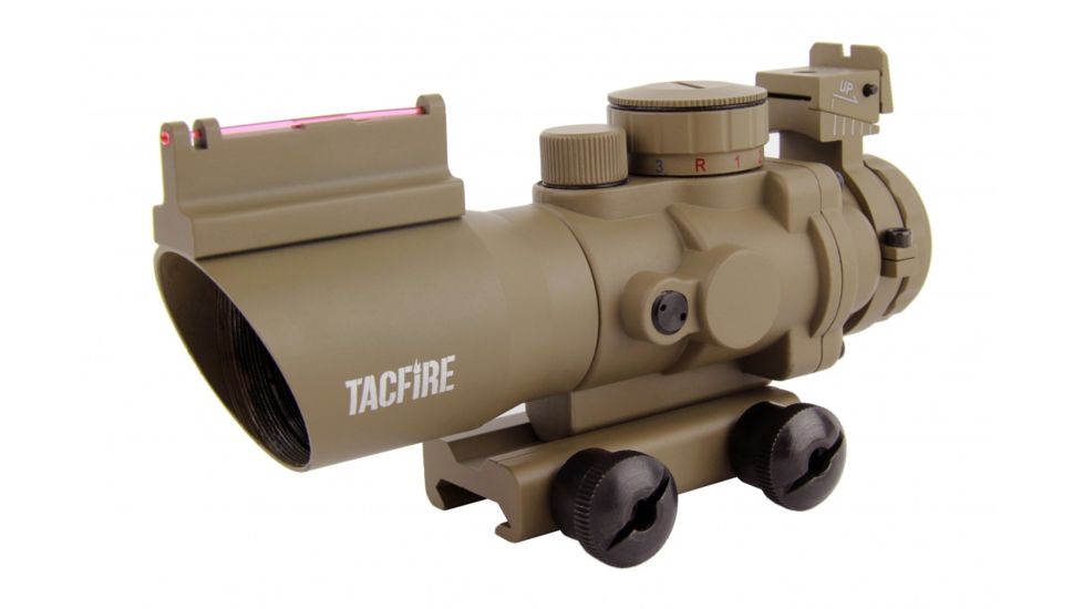 Tacfire 4X32 Prismatic Tri-Illumination Scope w/Fiber Optic Front Sight/BackUp Iron Sight/Rapid Ranging Reticle, Dark Earth Tan, SCDFO432T-R