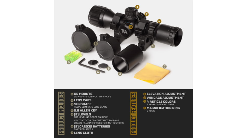 Tacticon Armament Falcon V3 3-9x32mm 30mm Tube Second Focal Plane Rifle Scope, Illuminated Mil-Dot Reticle, Black, FALCV39x32
