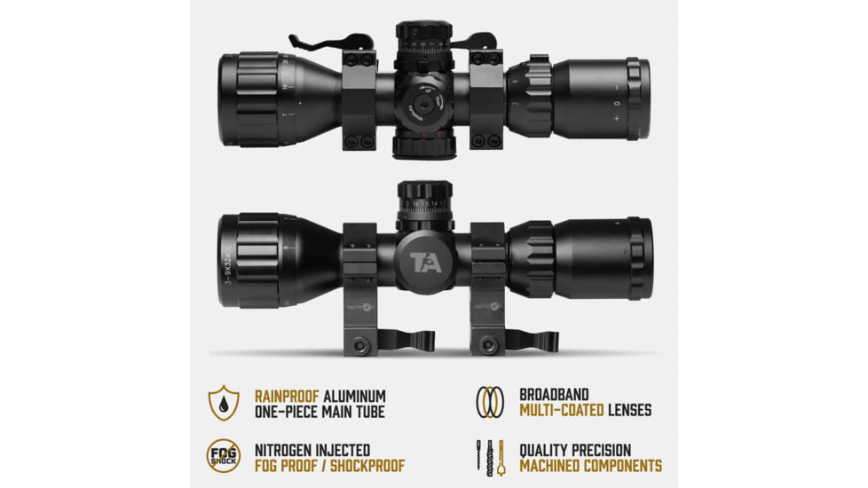 Tacticon Armament Falcon V3 3-9x32mm 30mm Tube Second Focal Plane Rifle Scope, Illuminated Mil-Dot Reticle, Black, FALCV39x32