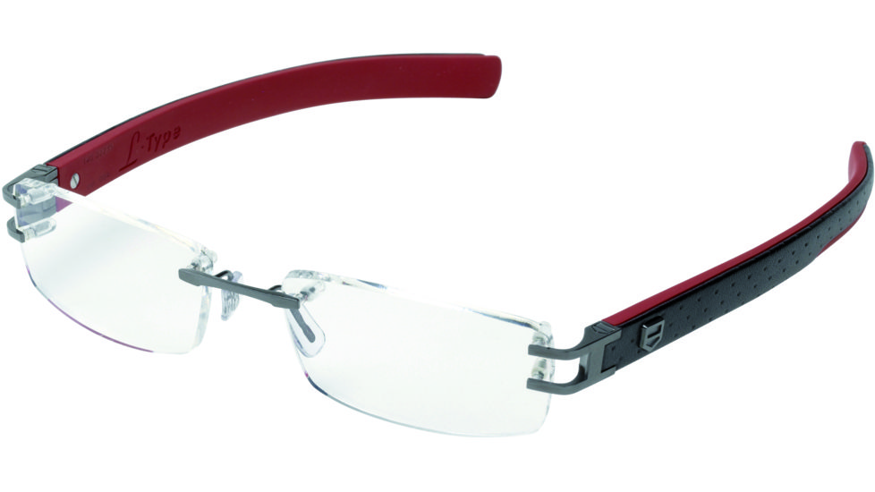 Tag Heuer L-Type Eyeglasses, Anthracite Ceramic Frame/Calfskin Black Red Temples, Clear Lens 0113-004