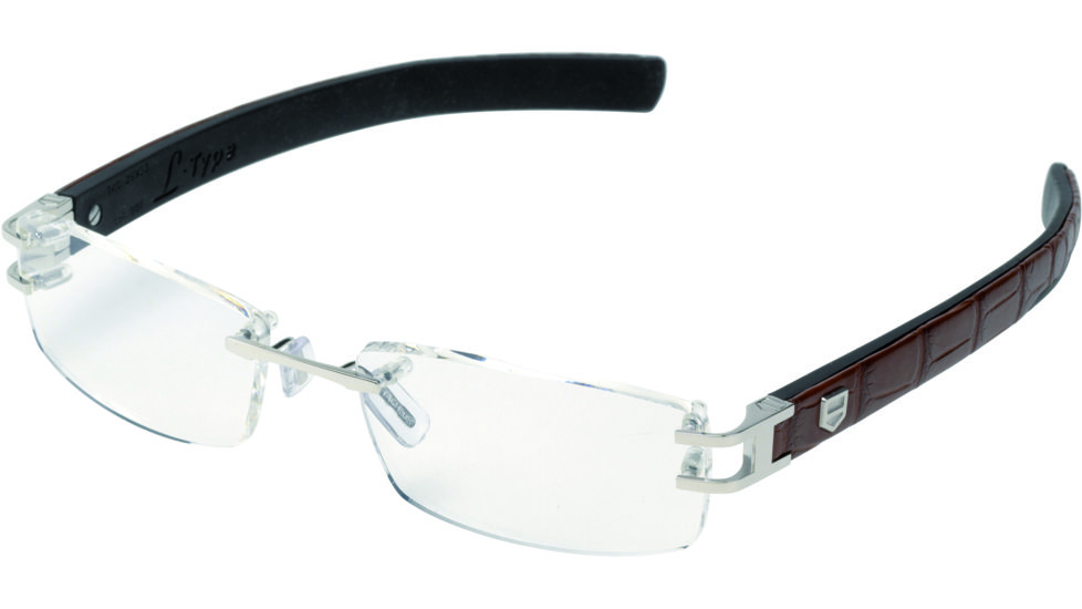 Tag Heuer L-Type Eyeglasses, Palladium Frame/Alligator Matte Brown Black Temples, Clear Lens 0113-001