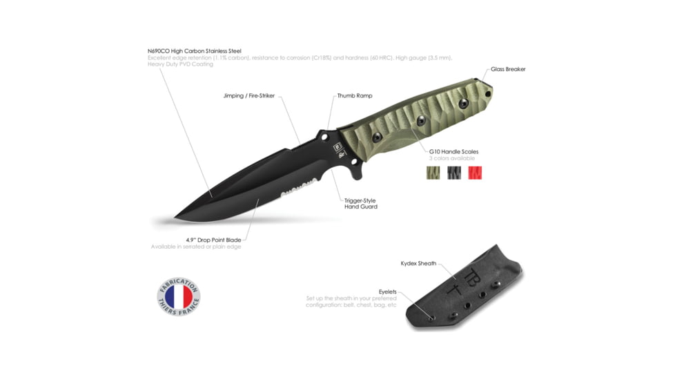 TB Outdoor Survival Fixed Blade Knife, 9.75in Overall, 4.5in Black PVD MOX Steel Blade, Black Sculpted G10 Handle, Kydex Sheath, 11060035