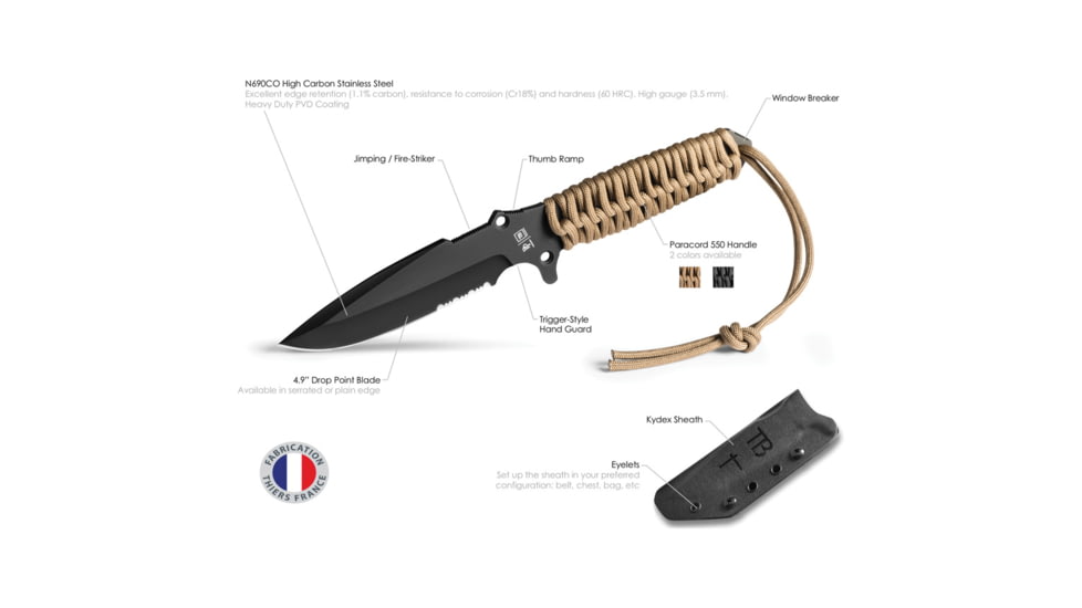 TB Outdoor Survival Fixed Blade Knife, 9.75in Overall, 4.5in Black PVD Partially Serrated MOX Steel Blade, Coyote Brown Paracord Wrapped Handle, Kydex Sheath, 11060004