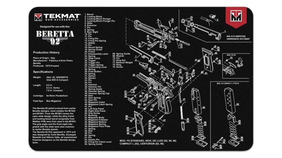 TekMat 11x17 Gun Cleaning Mat-Beretta 92, TEK-R17-BER92