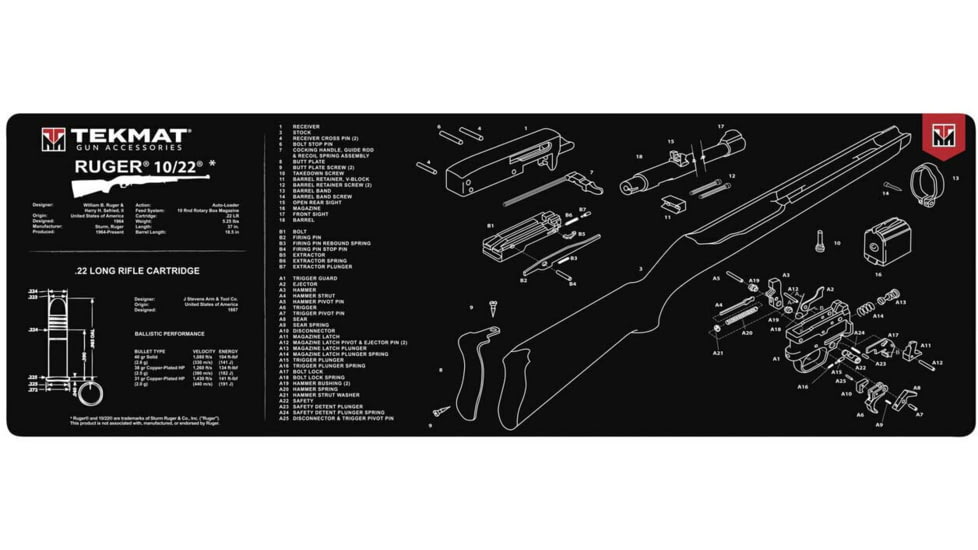 TekMat 36in Printed Gun Cleaning Mat Ruger 10-22, Black, TEK-36-1022