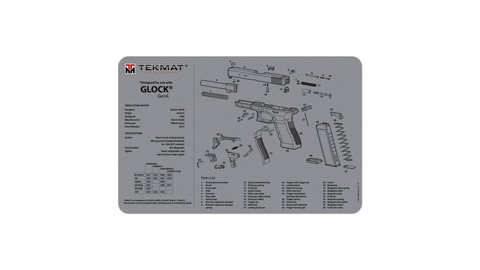 Tekmat Armorers Bench Mat 11''x17'' Glock Gen4 Grey
