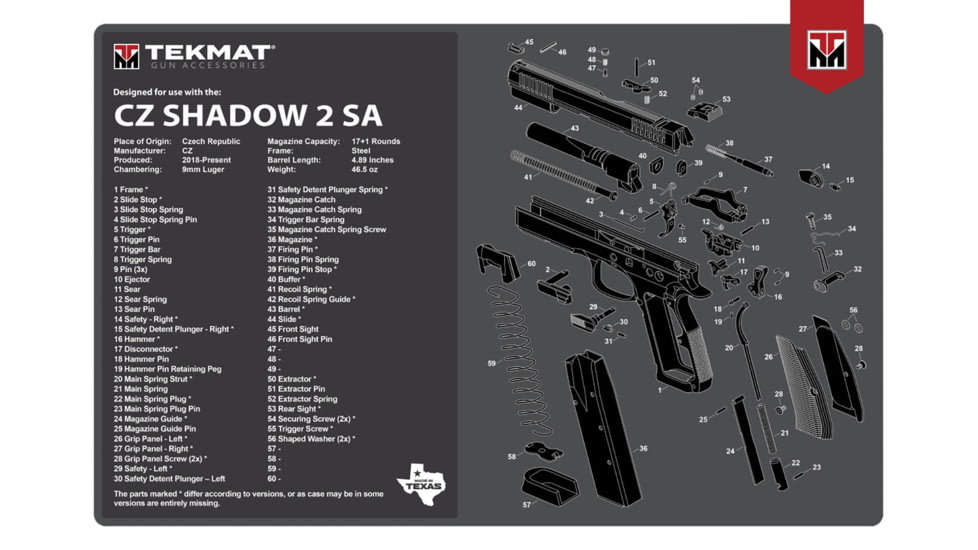TekMat CZ-75 Shadow 2 SA Gun Cleaning Mat, Black/White, Rubber, 11 x 17in, TEKR17CZSHDW2