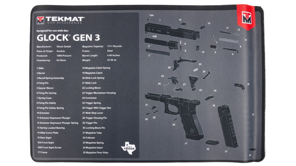 TekMat Glock Gen3 Gun Cleaning Mat, Black/White, Rubber, 11 x 17in, TEKR17GLOCKG3