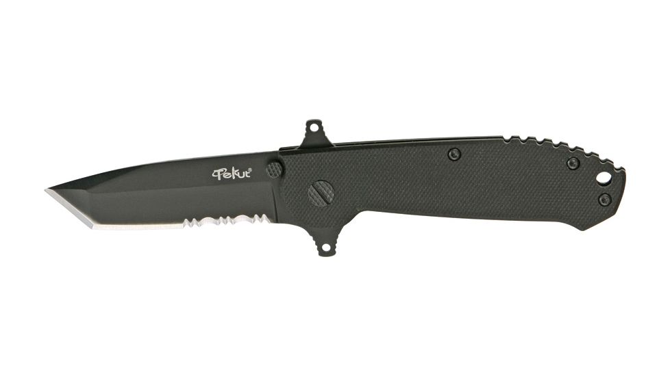 Tekut Ares Son Linerlock Fold Knife, stainless partially serrated tanto blade, Black G-10 handle TK5073