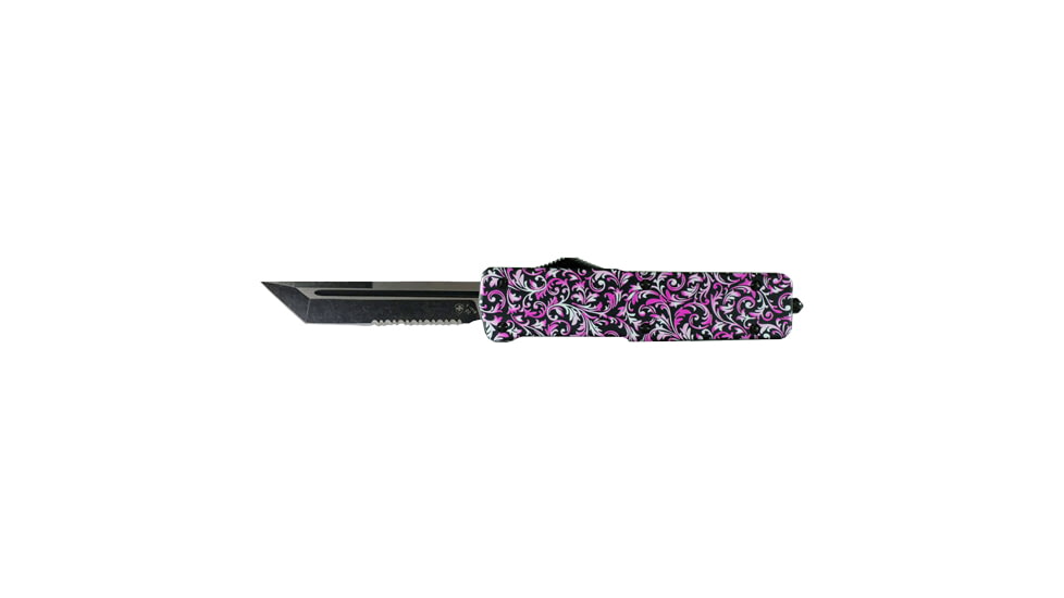 Templar Knife Premium Lightweight OTF Automatic Folding Knife, 3.55in, D2, Tanto Blade, Serrated, Black Finish, Aluminum Pink Fleur Handle, LA-PKF-52-1