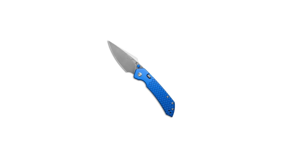 Tenable Knives Tenable Fenrir Top Folding Knife, 3.40in, Damascus, Harpoon Blade, Aluminum, Dark Blue Handle, Dark Blue/Gray, 7.85 inch, BHQ-223403