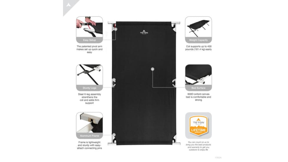 TETON Sports Universal XL Camp Cot with Pivot Arm, Black, Extra Large, 1082A