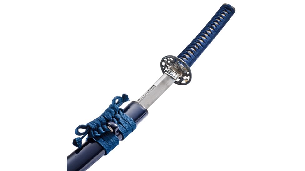 Thaitsuki Nihonto Dokuji Nami Sanmai Katana, 29in Hand Forged And Folded High Carbon Steel Blade, Dark Blue Silk And Ivory Rayskin Wrapped Tsuka, S02