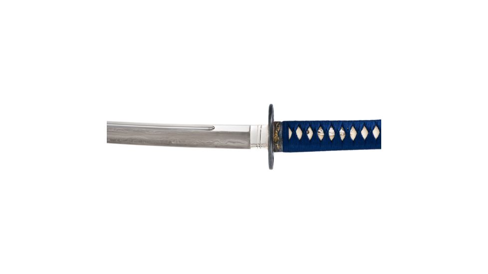 Thaitsuki Nihonto Dokuji Nami Sanmai Katana, 29in Hand Forged And Folded High Carbon Steel Blade, Dark Blue Silk And Ivory Rayskin Wrapped Tsuka, S02