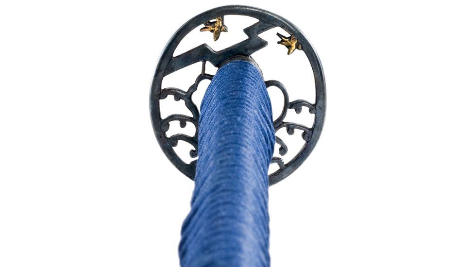 Thaitsuki Nihonto Dokuji Nami Sanmai Katana, 29in Hand Forged And Folded High Carbon Steel Blade, Dark Blue Silk And Ivory Rayskin Wrapped Tsuka, S02