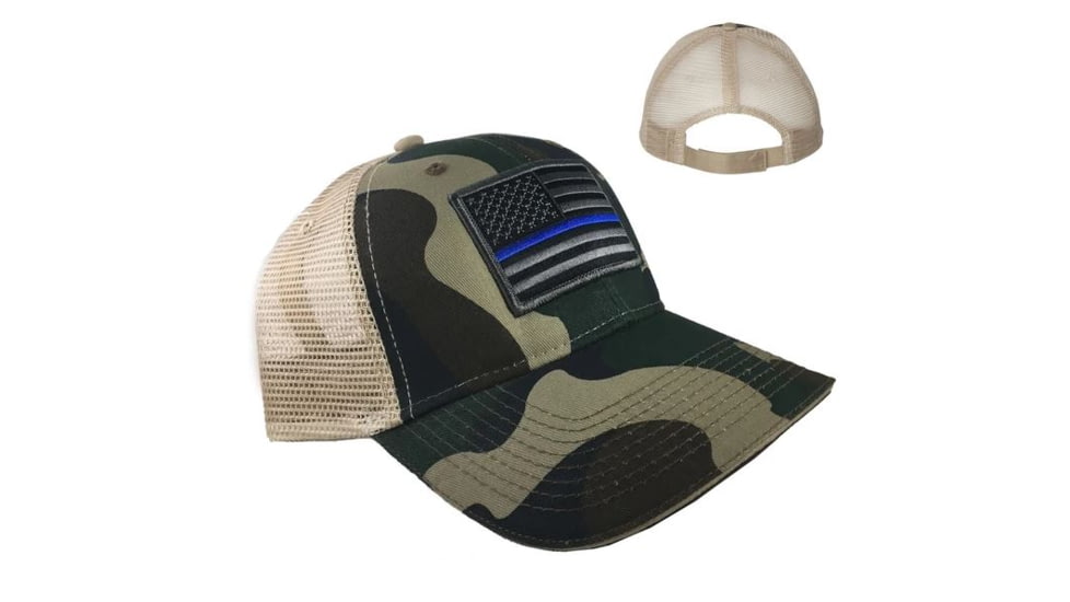 Thin Blue Line Camo Trucker Hat - Subdued American Flag, Thin Blue Line - HAT-TBLBLACK-SUBDUE-CAMO