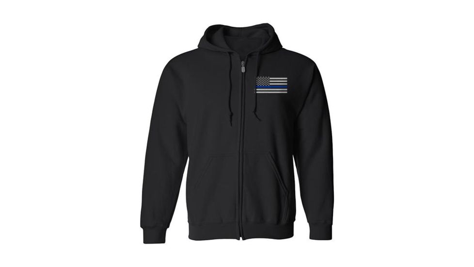 Thin Blue Line Full Zip American Flag Hoodie, Large, Black, TBLH-ZIP-BLACK-L