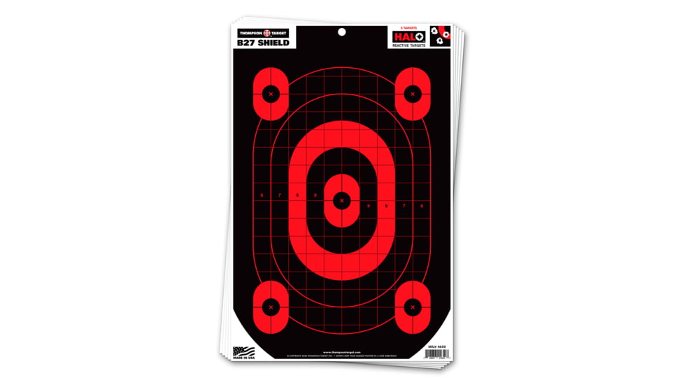 Thompson Target HALO B27-SHIELD Defensive Training Reactive Splatter Targets 12.5x19, 10 Pack, Black/Red, Large, 4650-10