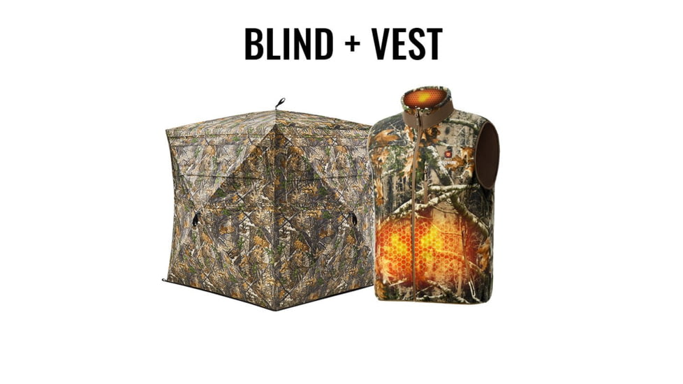 Tidewe VisX/VisMax See Through Hunting Blind and ThermCore Mens Heated Double-Sided Polar Fleece Hunting Vest Bundle, BL001-CG-V2-TE-VTC003-TKS-TE