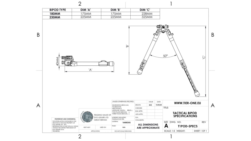 Tier One Tactical Bipod - Aluminum Sling Stud 7in, Black, T1BTASS180