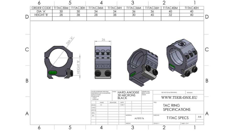 Tier One Tactical Rings - 35mm High, Black, T1TAC35H